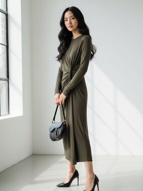 NWT Massimo Dutti Khaki Green Draped Knot Midi Dress S